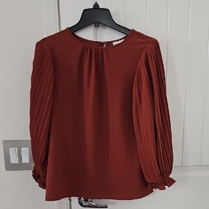 Rust Pleated Long Sleeve Blouse